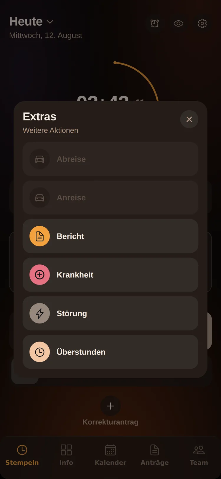 ZeitPilot Extras-Menü mit Anreise, Abreise, Bericht, Krankheit, Störung und Überstunden