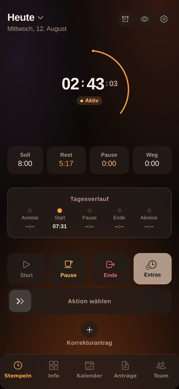 ZeitPilot Zeiterfassung App: Stempeln per Wisch, laufende Schicht