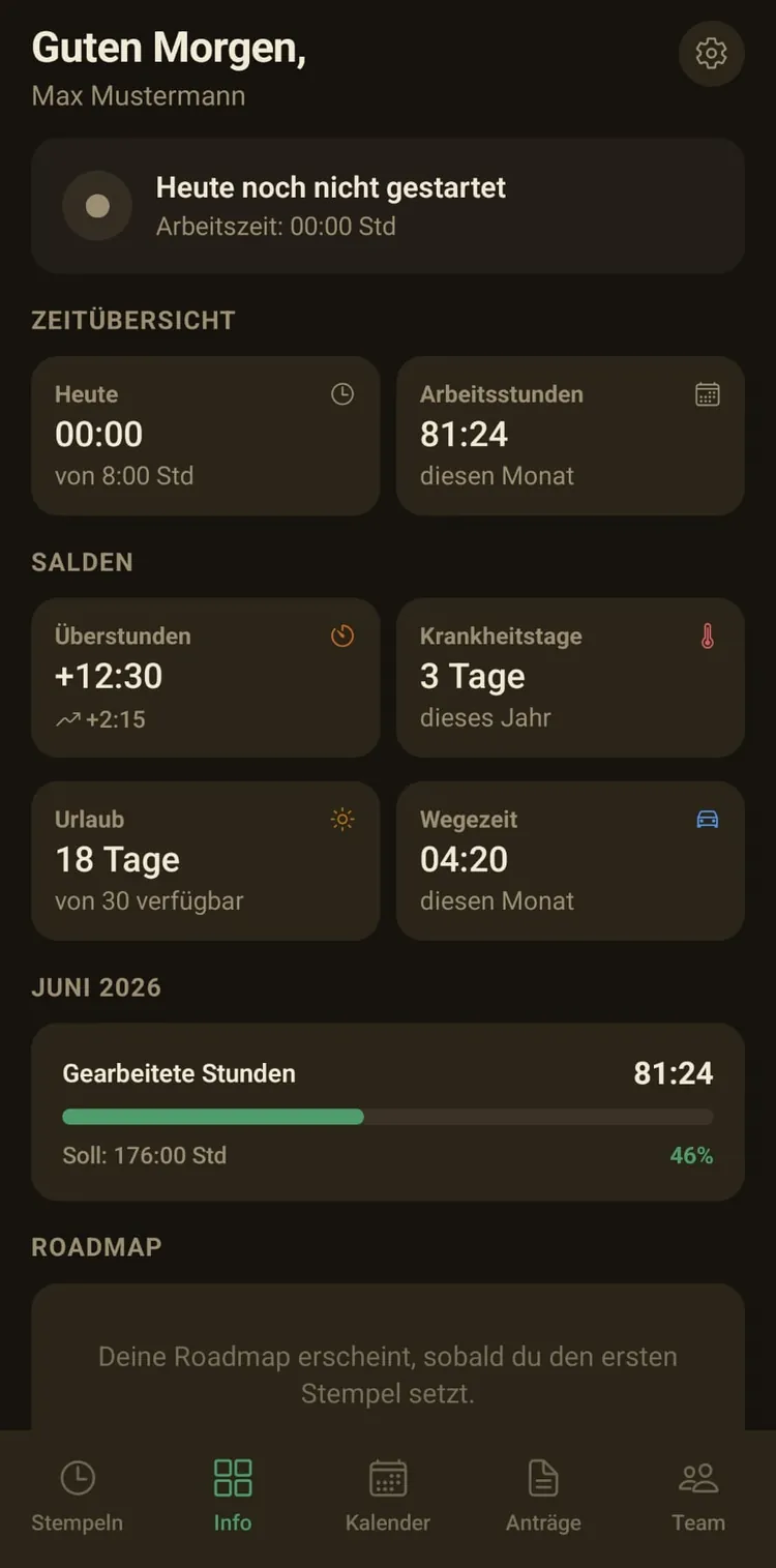 ZeitPilot Zeiterfassung App: Info-Übersicht mit Überstunden und Salden