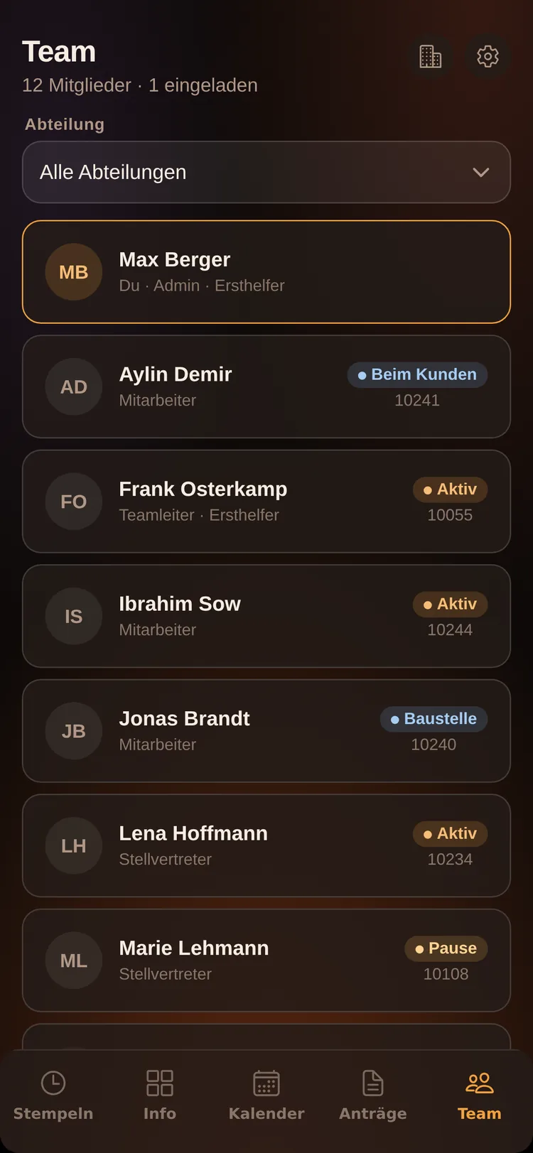 ZeitPilot: Team · Anwesenheit