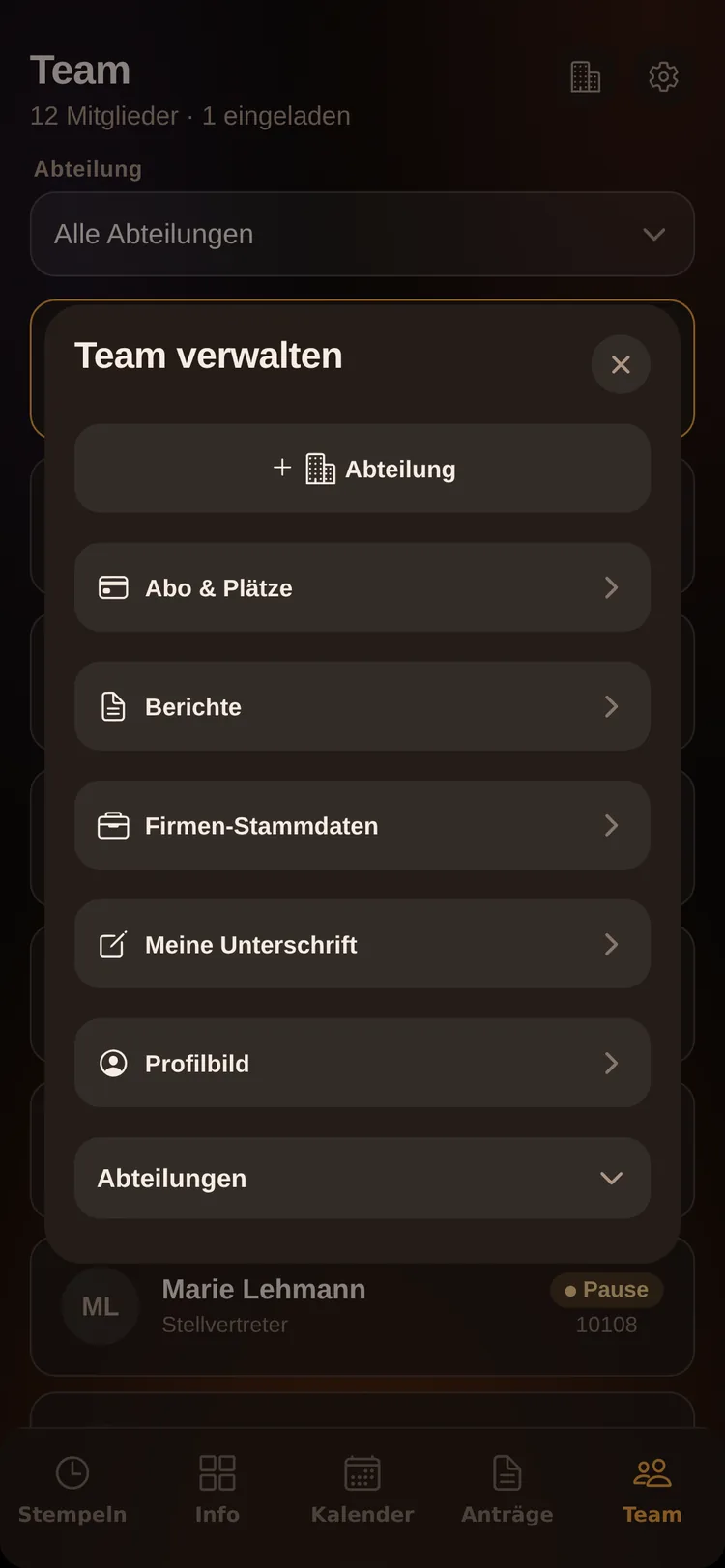ZeitPilot Team-Verwaltung mit allen Admin-Funktionen